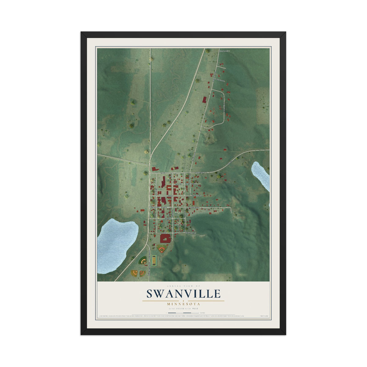 Map of Swanville, Minnesota, 12 x 18 inch print in a black wood frame