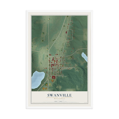 Map of Swanville, Minnesota, 12 x 18 inch print in a white wood frame