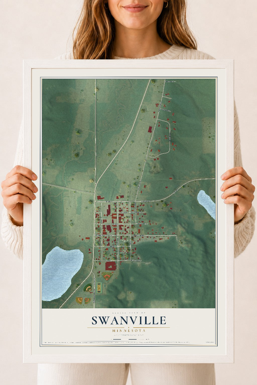 Map of Swanville, Minnesota, 18 x 24 inch print in a white wood frame