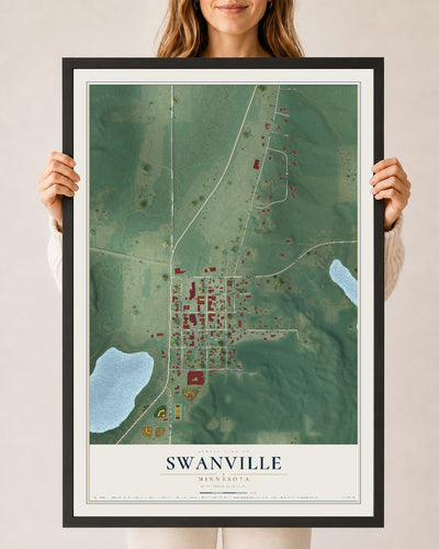 Map of Swanville, Minnesota, 24 x 36 inch print in a black wood frame