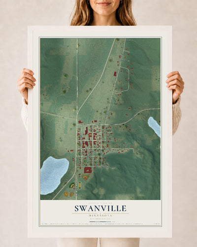 Map of Swanville, Minnesota, 24 x 36 inch print in a white wood frame