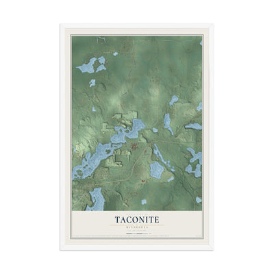 Map of Taconite, Minnesota, 12 x 18 inch print in a white wood frame