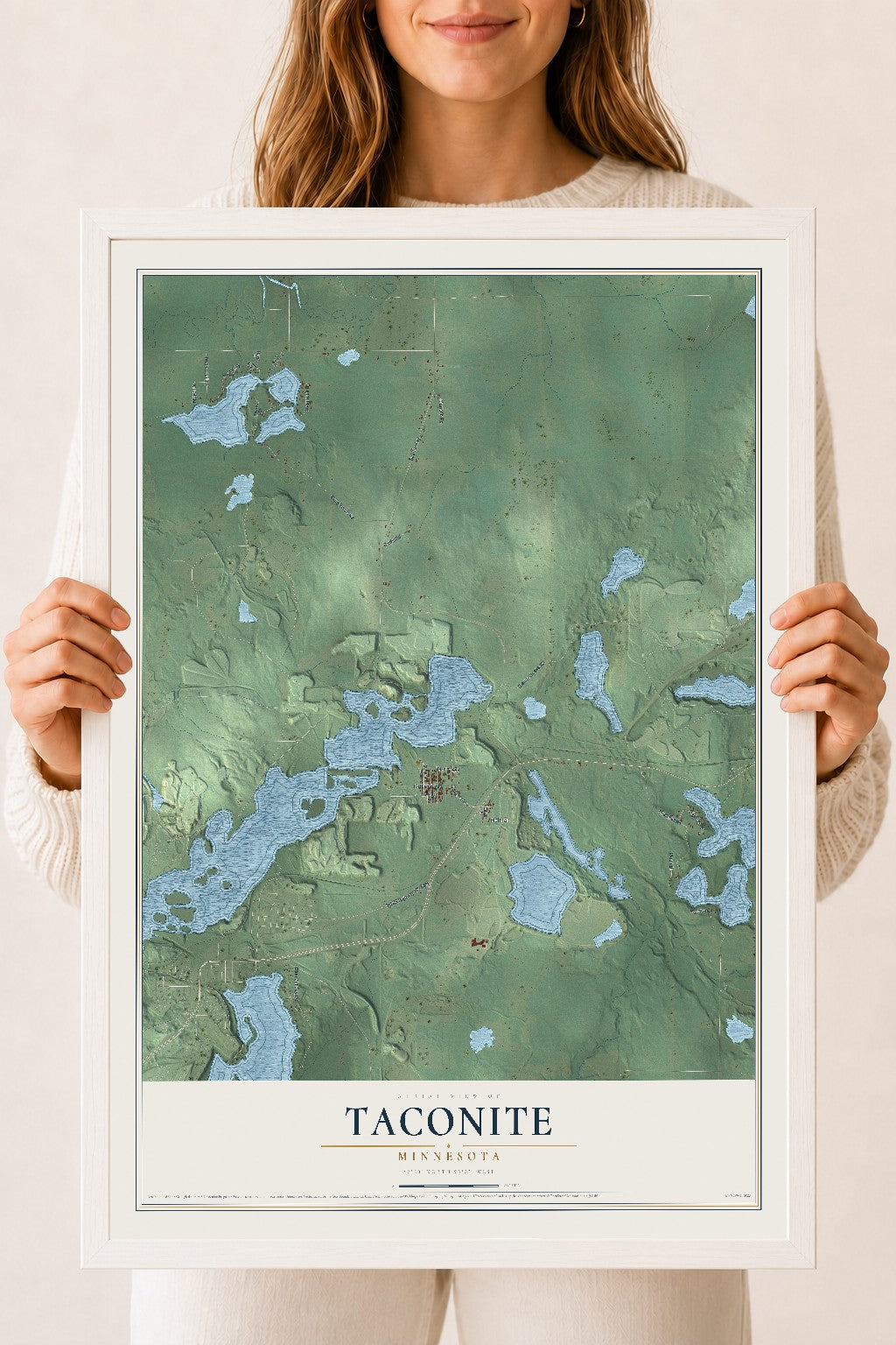 Map of Taconite, Minnesota, 18 x 24 inch print in a white wood frame