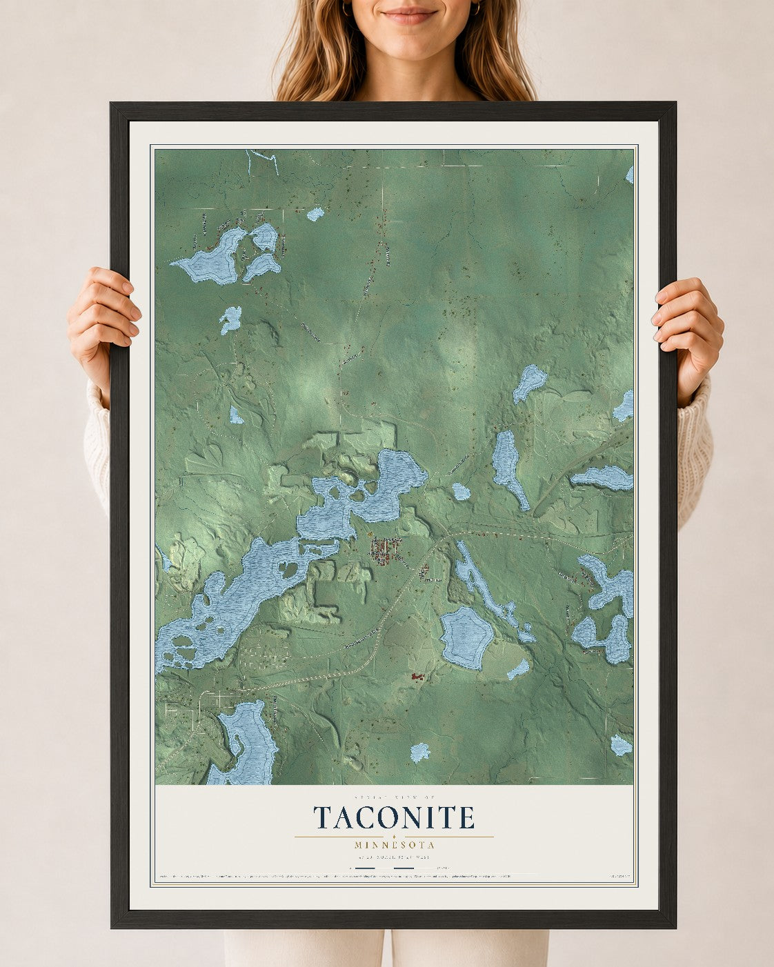 Map of Taconite, Minnesota, 24 x 36 inch print in a black wood frame