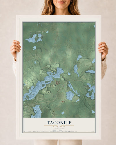 Map of Taconite, Minnesota, 24 x 36 inch print in a white wood frame
