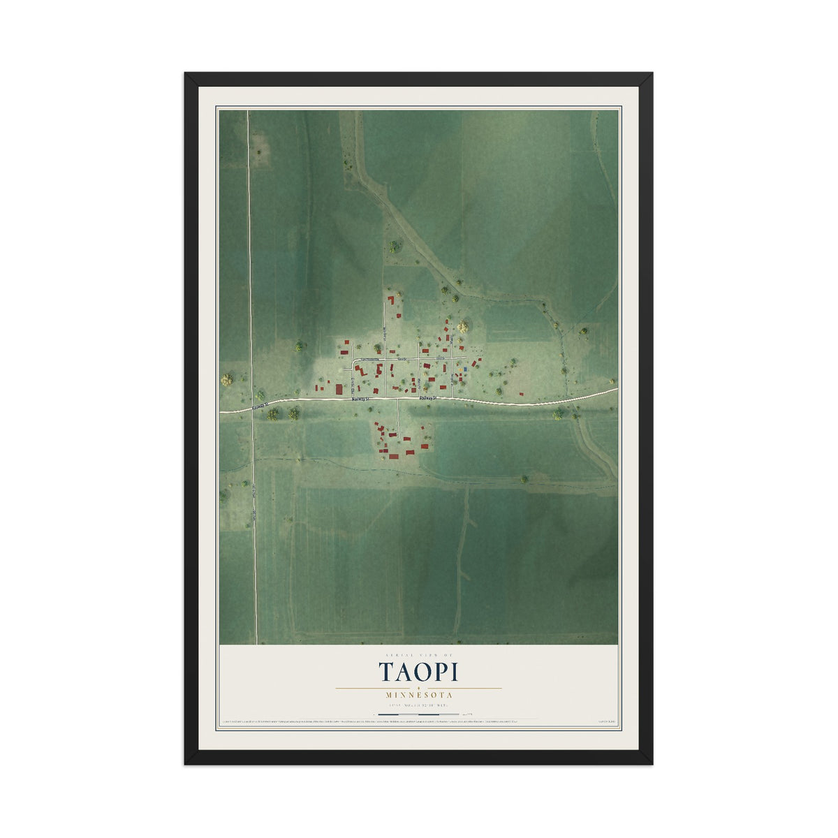 Map of Taopi, Minnesota, 12 x 18 inch print in a black wood frame