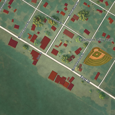 Close-up of the map of Taunton, Minnesota print showing street and building detail