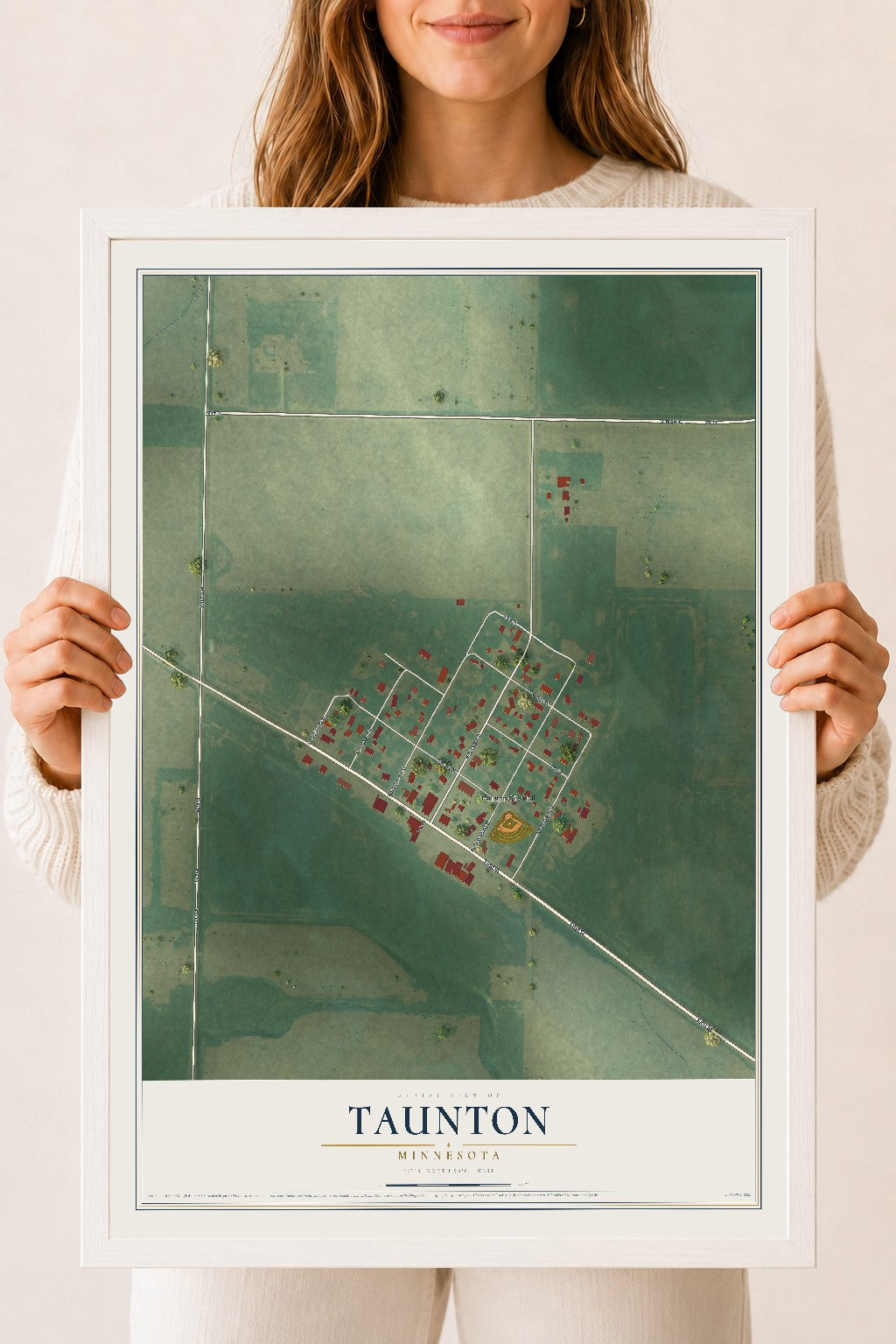 Map of Taunton, Minnesota, 18 x 24 inch print in a white wood frame