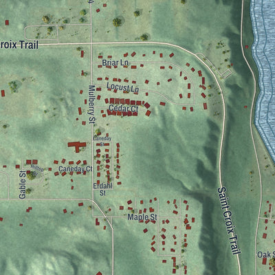 Second close-up of the map of Taylors Falls, Minnesota print showing more streets and buildings