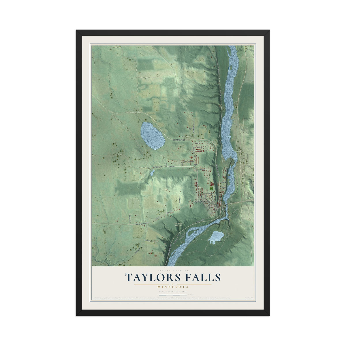 Map of Taylors Falls, Minnesota, 12 x 18 inch print in a black wood frame