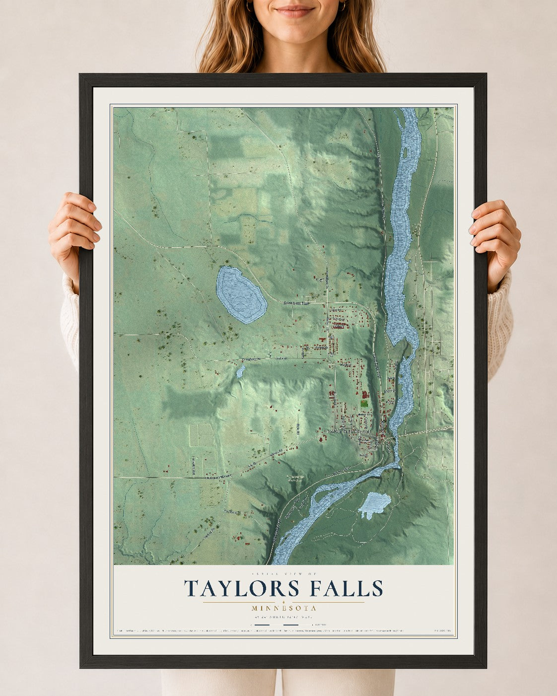 Map of Taylors Falls, Minnesota, 24 x 36 inch print in a black wood frame