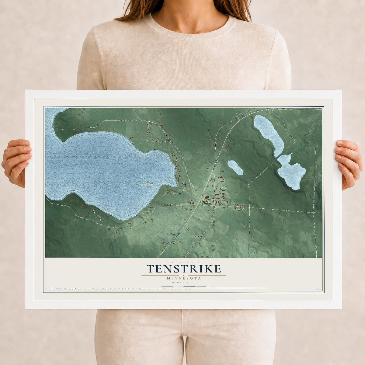 Map of Tenstrike, Minnesota, 12 x 18 inch print in a white wood frame