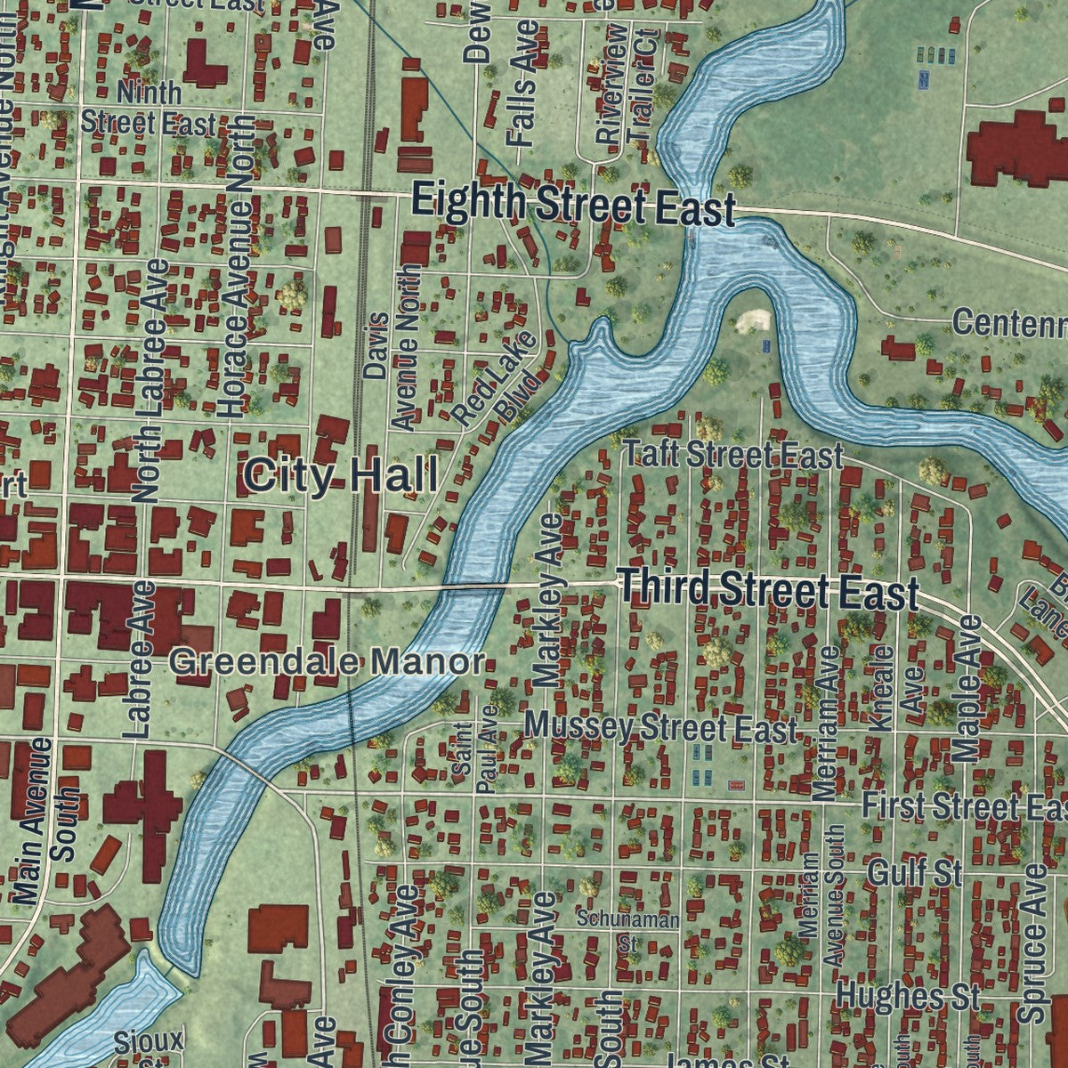 Close-up of the map of Thief River Falls, Minnesota print showing street and building detail