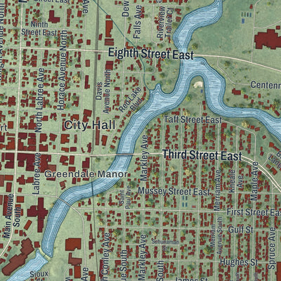 Close-up of the map of Thief River Falls, Minnesota print showing street and building detail