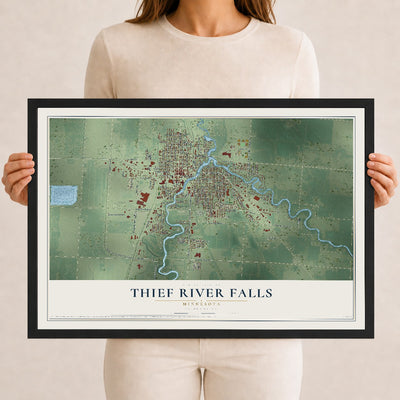 Map of Thief River Falls, Minnesota, 12 x 18 inch print in a black wood frame