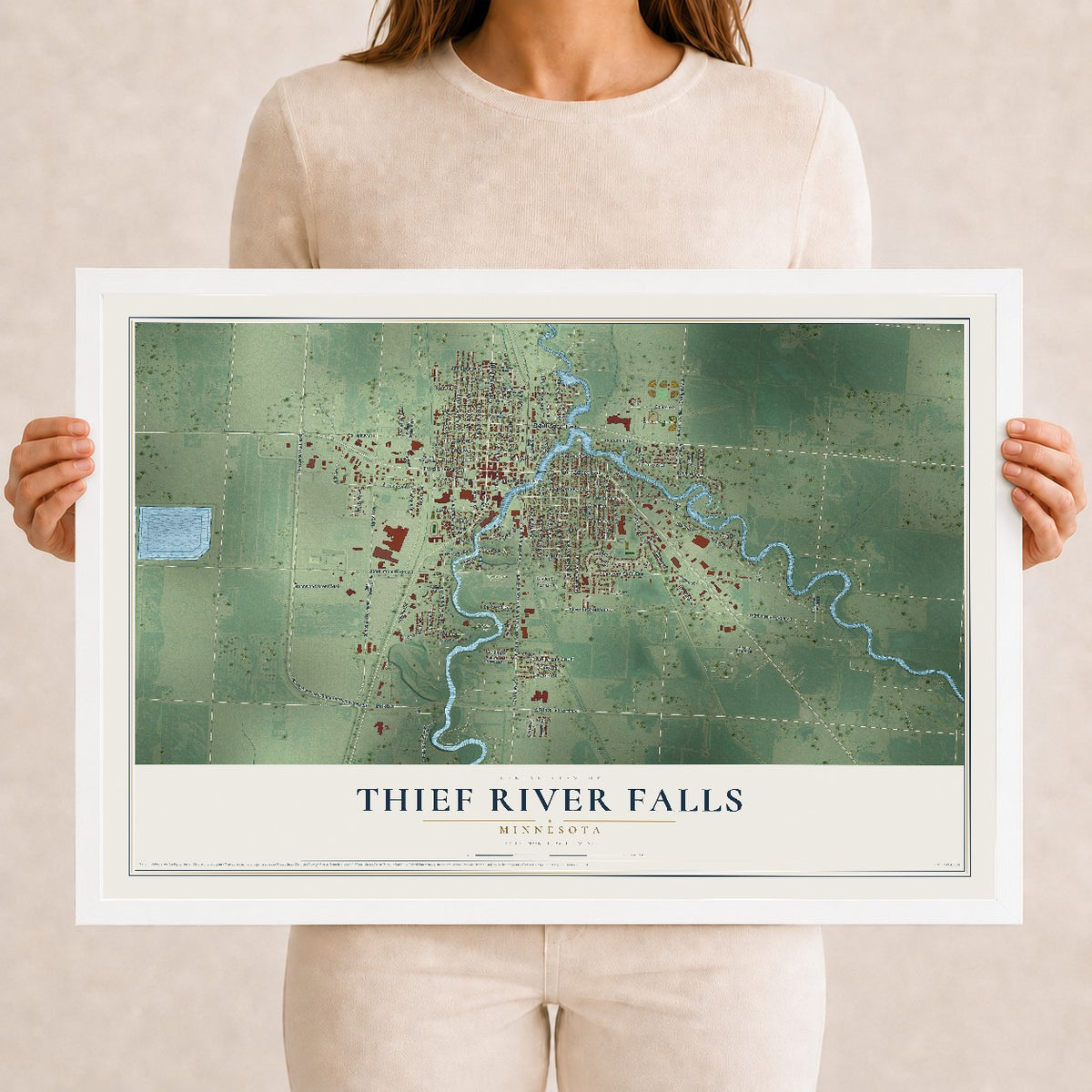 Map of Thief River Falls, Minnesota, 12 x 18 inch print in a white wood frame