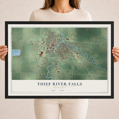 Map of Thief River Falls, Minnesota, 18 x 24 inch print in a black wood frame