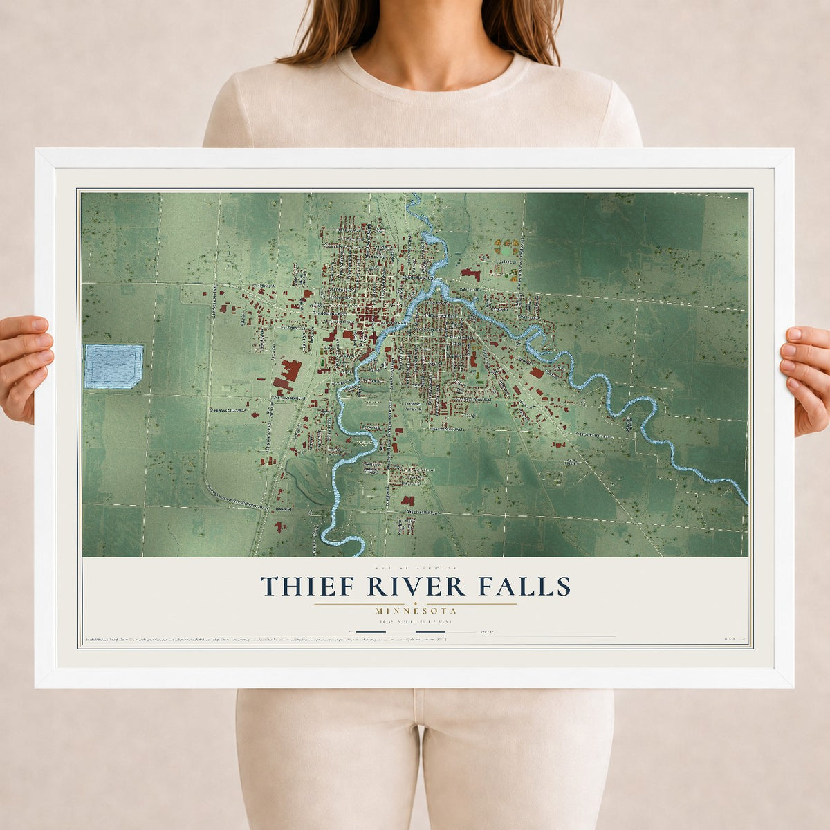 Map of Thief River Falls, Minnesota, 18 x 24 inch print in a white wood frame