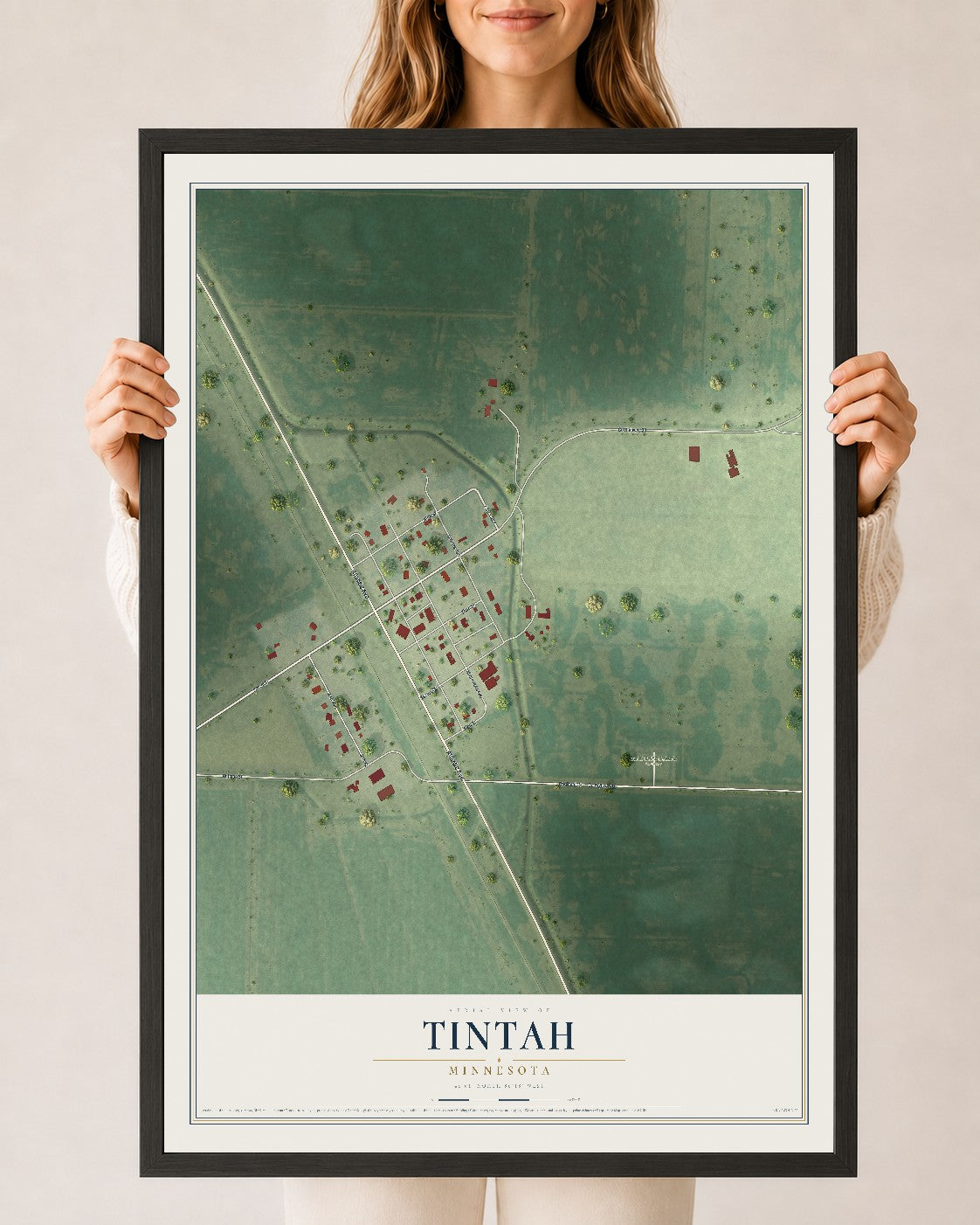 Map of Tintah, Minnesota, 24 x 36 inch print in a black wood frame