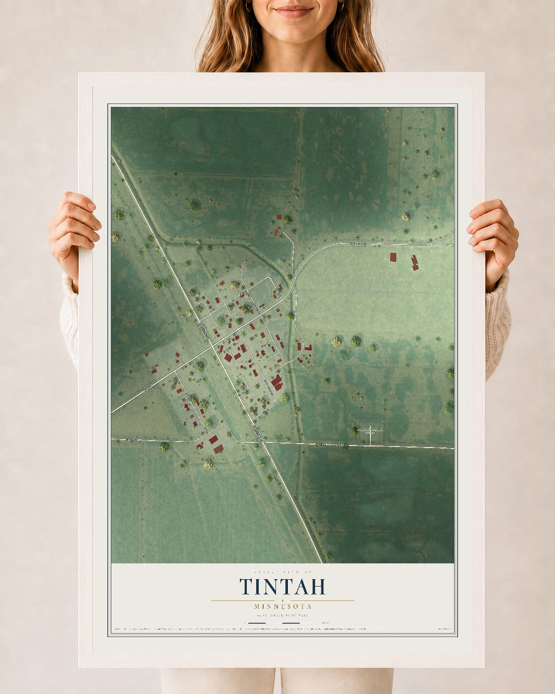Map of Tintah, Minnesota, 24 x 36 inch print in a white wood frame