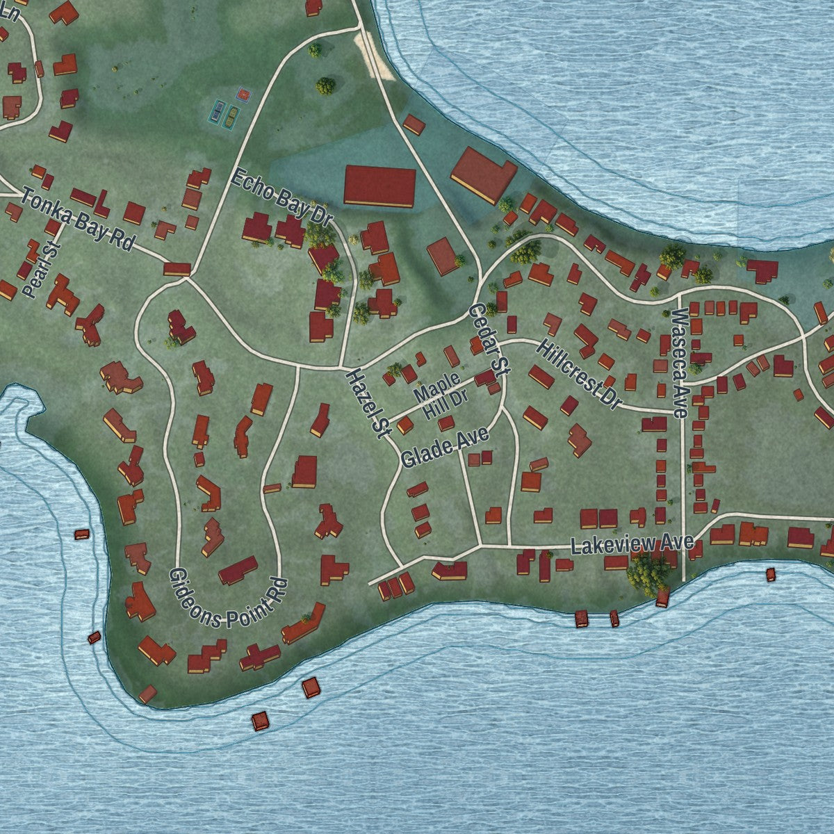 Second close-up of the map of Tonka Bay, Minnesota print showing more streets and buildings