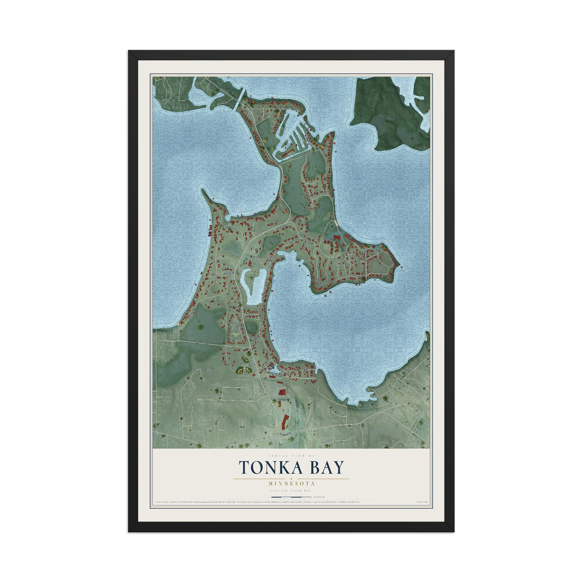 Map of Tonka Bay, Minnesota, 12 x 18 inch print in a black wood frame