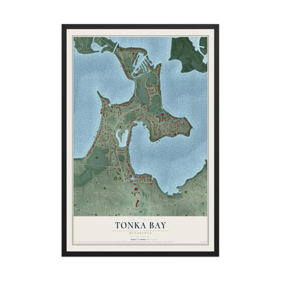 Map of Tonka Bay, Minnesota, 12 x 18 inch print in a black wood frame
