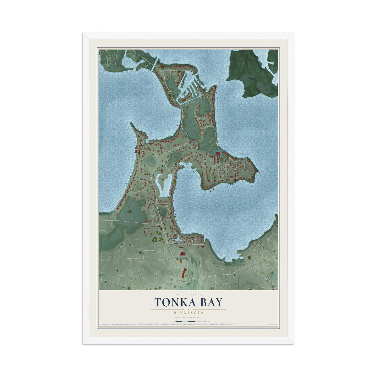 Map of Tonka Bay, Minnesota, 12 x 18 inch print in a white wood frame