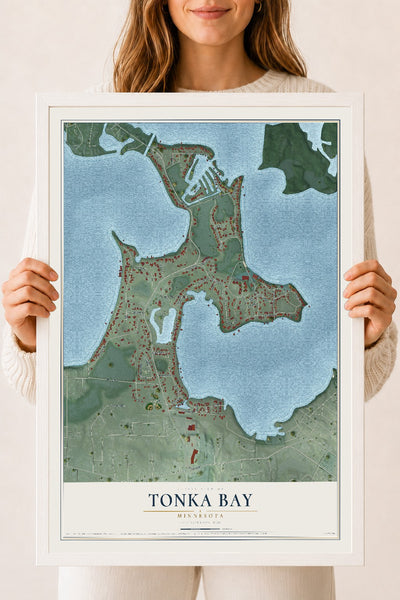 Map of Tonka Bay, Minnesota, 18 x 24 inch print in a white wood frame