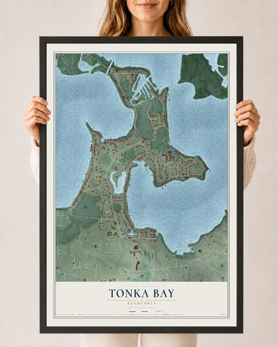 Map of Tonka Bay, Minnesota, 24 x 36 inch print in a black wood frame