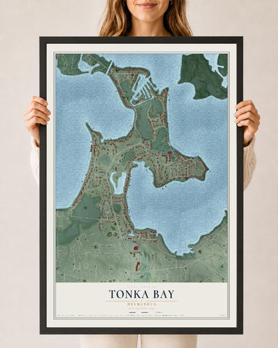 Map of Tonka Bay, Minnesota, 24 x 36 inch print in a black wood frame
