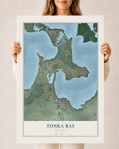 Map of Tonka Bay, Minnesota, 24 x 36 inch print in a white wood frame