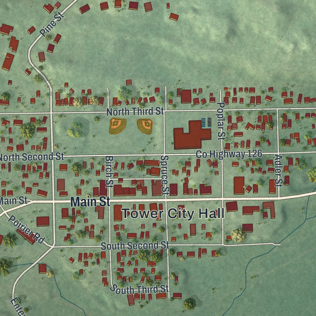 Close-up of the map of Tower, Minnesota print showing street and building detail