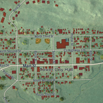Close-up of the map of Tower, Minnesota print showing street and building detail