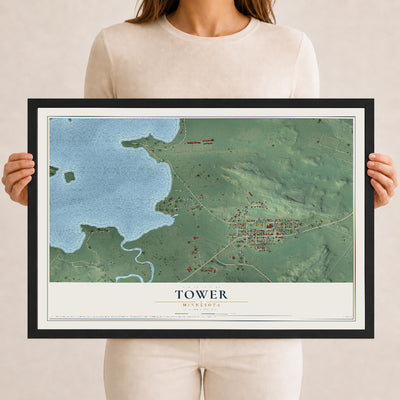 Map of Tower, Minnesota, 12 x 18 inch print in a black wood frame