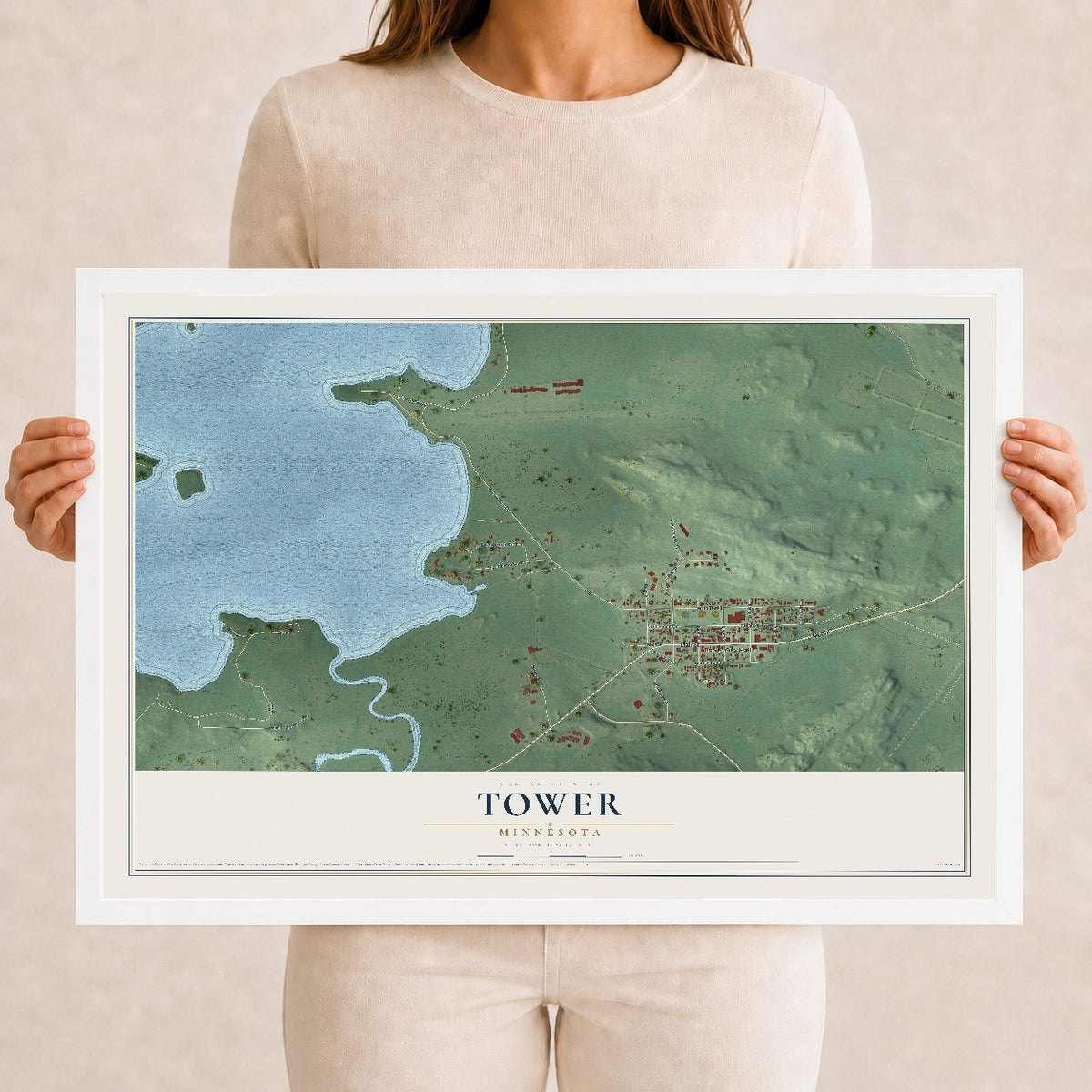 Map of Tower, Minnesota, 12 x 18 inch print in a white wood frame