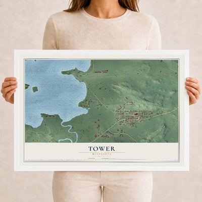 Map of Tower, Minnesota, 12 x 18 inch print in a white wood frame