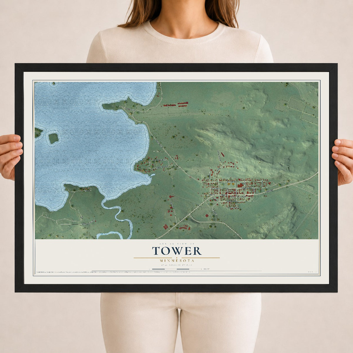 Map of Tower, Minnesota, 18 x 24 inch print in a black wood frame