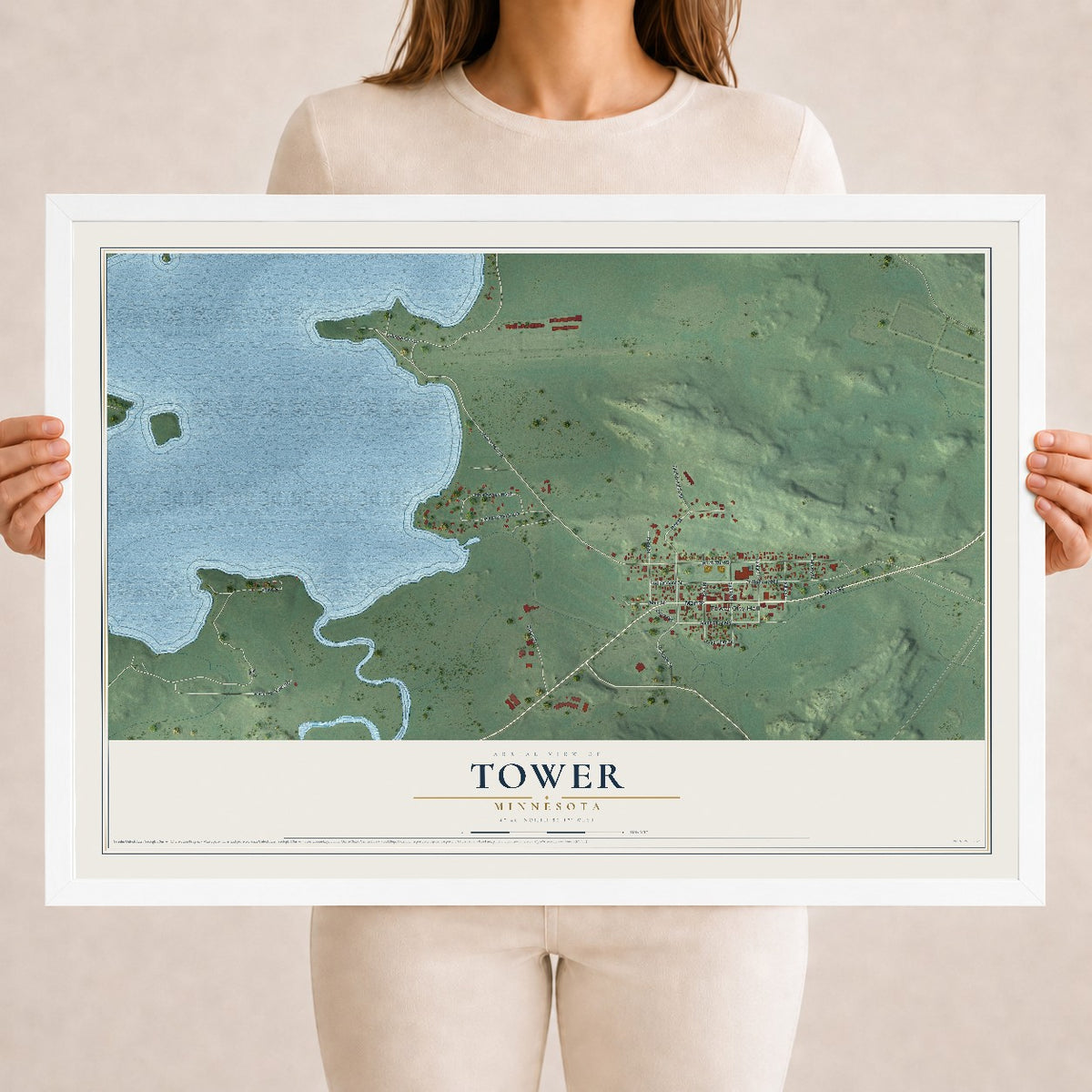 Map of Tower, Minnesota, 18 x 24 inch print in a white wood frame