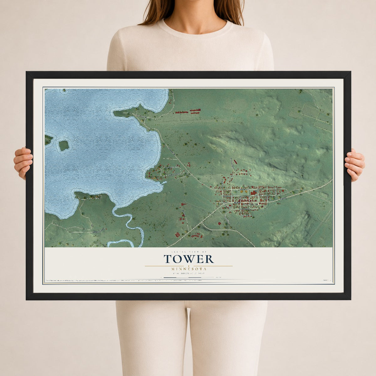 Map of Tower, Minnesota, 24 x 36 inch print in a black wood frame