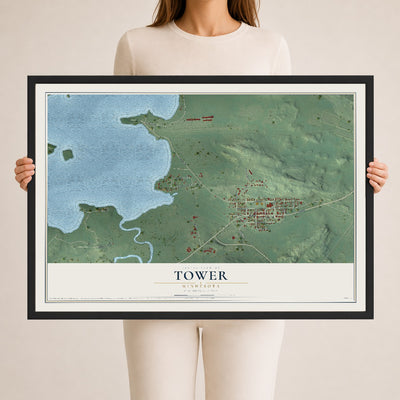 Map of Tower, Minnesota, 24 x 36 inch print in a black wood frame