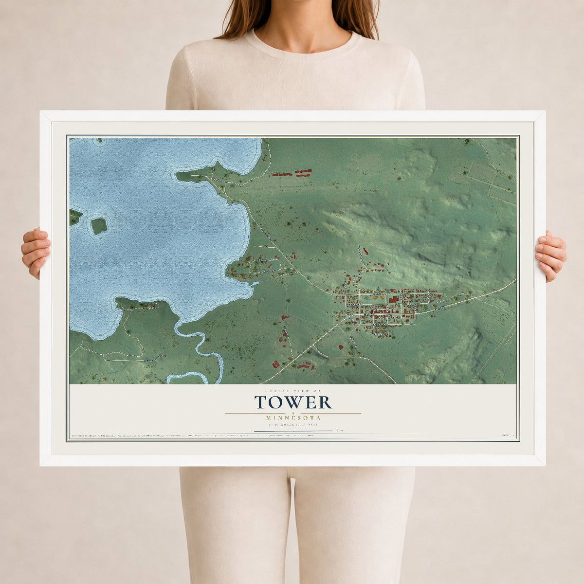 Map of Tower, Minnesota, 24 x 36 inch print in a white wood frame