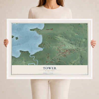 Map of Tower, Minnesota, 24 x 36 inch print in a white wood frame
