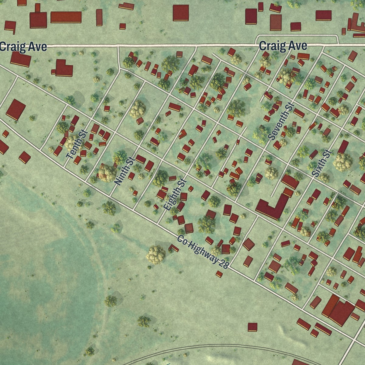 Second close-up of the map of Tracy, Minnesota print showing more streets and buildings