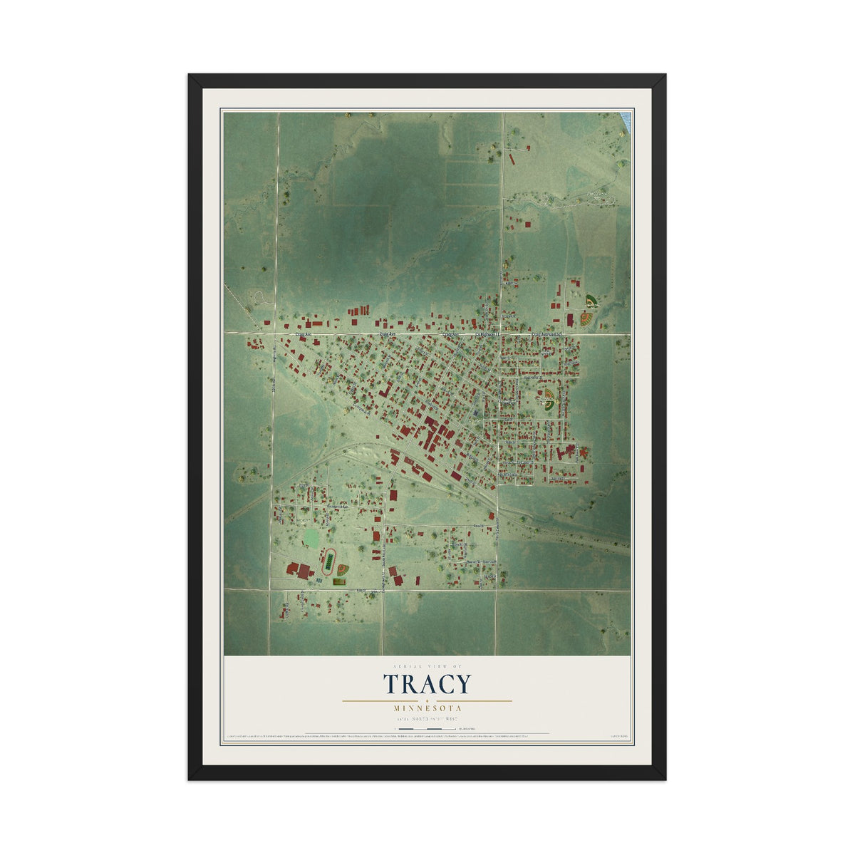 Map of Tracy, Minnesota, 12 x 18 inch print in a black wood frame