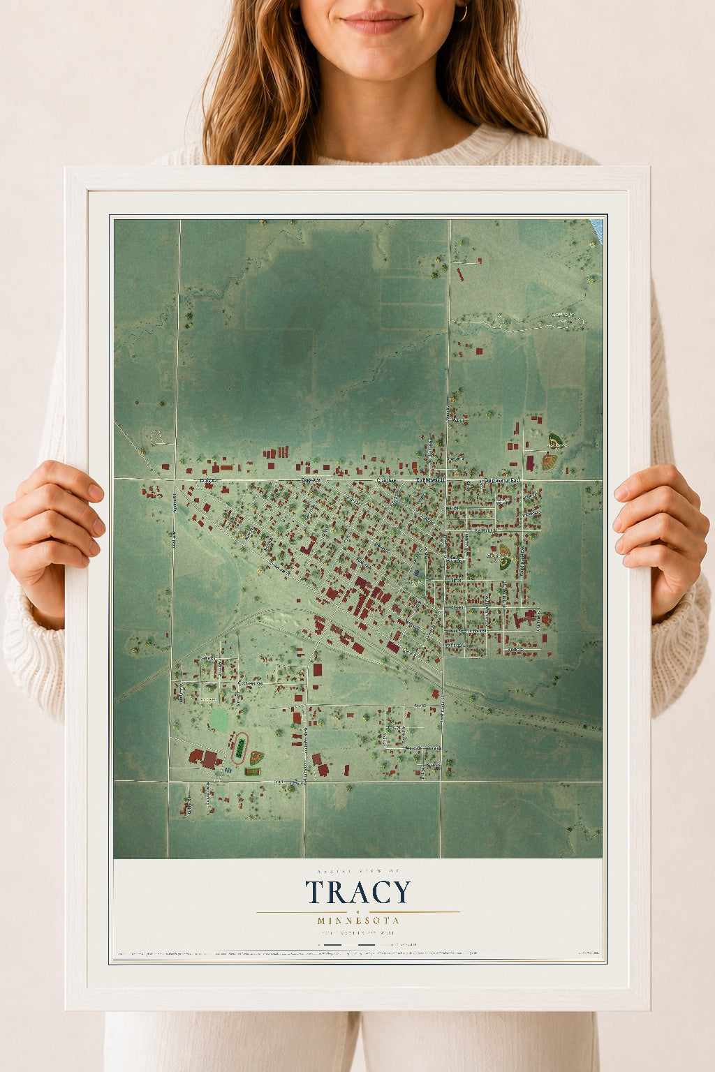 Map of Tracy, Minnesota, 18 x 24 inch print in a white wood frame