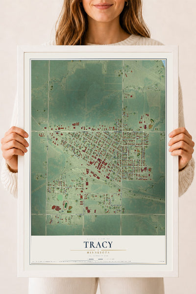 Map of Tracy, Minnesota, 18 x 24 inch print in a white wood frame