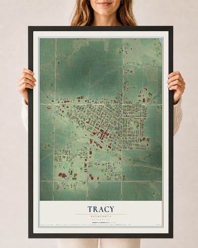 Map of Tracy, Minnesota, 24 x 36 inch print in a black wood frame