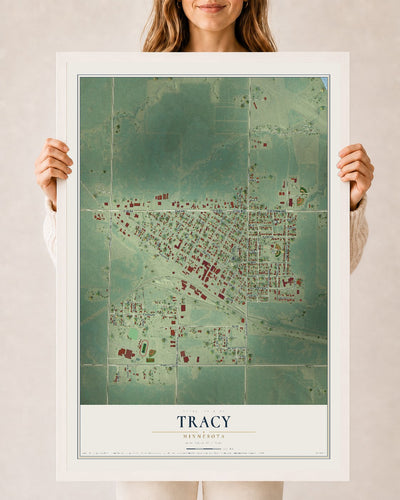 Map of Tracy, Minnesota, 24 x 36 inch print in a white wood frame
