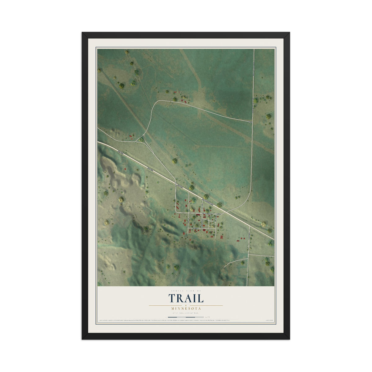 Map of Trail, Minnesota, 12 x 18 inch print in a black wood frame